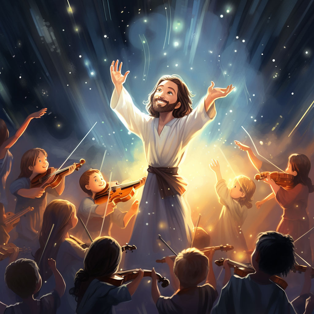 Jesus conducting a symphony orchestra