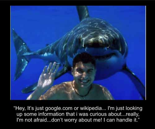 A waving, smiling boy in the foreground with a shark nearing from behind