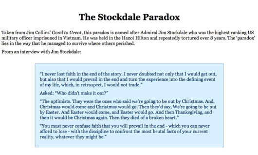 The Stockdale Paradox: quote of Admiral Jim Stockdale, the highest ranking US military officer imprisoned in Vietnam