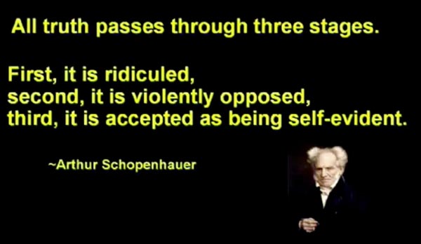 Quote of Arthur Schopenhauer: “All truth passes through three stages. First, it is ridiculed, second, it is violently opposed, third, it is accepted as being self-evident.”