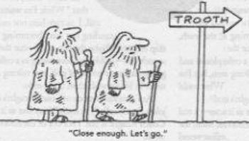 Cartoon of men following a sign that says TROOTH