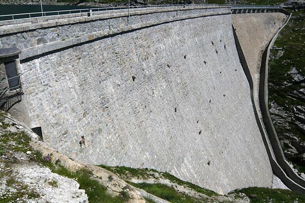 aerial view of steep, dam wall