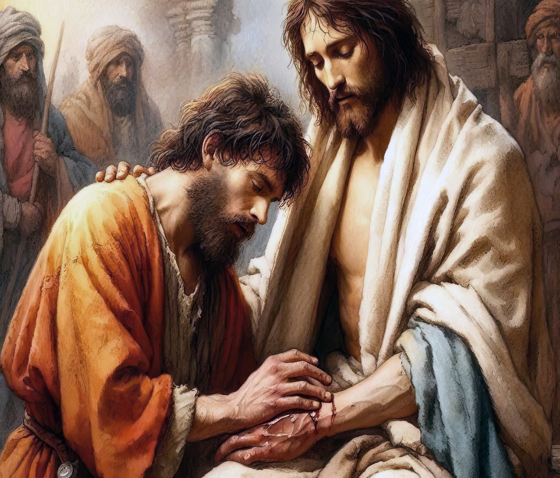 Thomas putting his hand in the side of Jesus