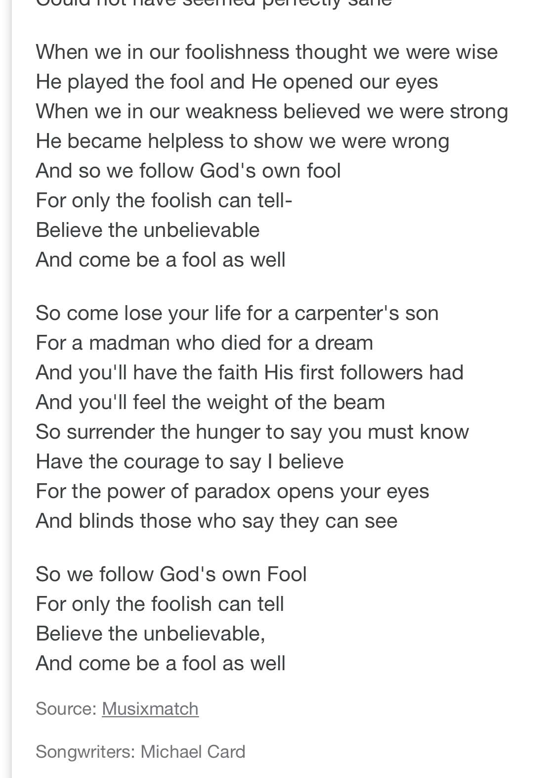 Song lyrics about the Wisdom of God is foolishness to man