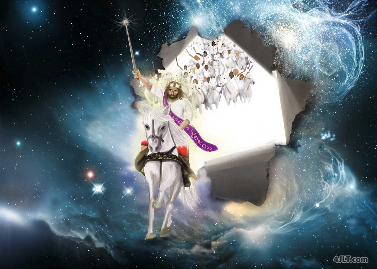 Jesus bursting through the sky on His white horse