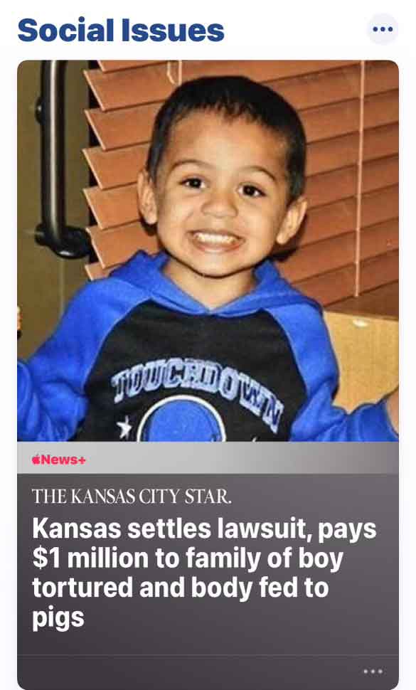 Image of a news article about a young boy tortured in Kansas