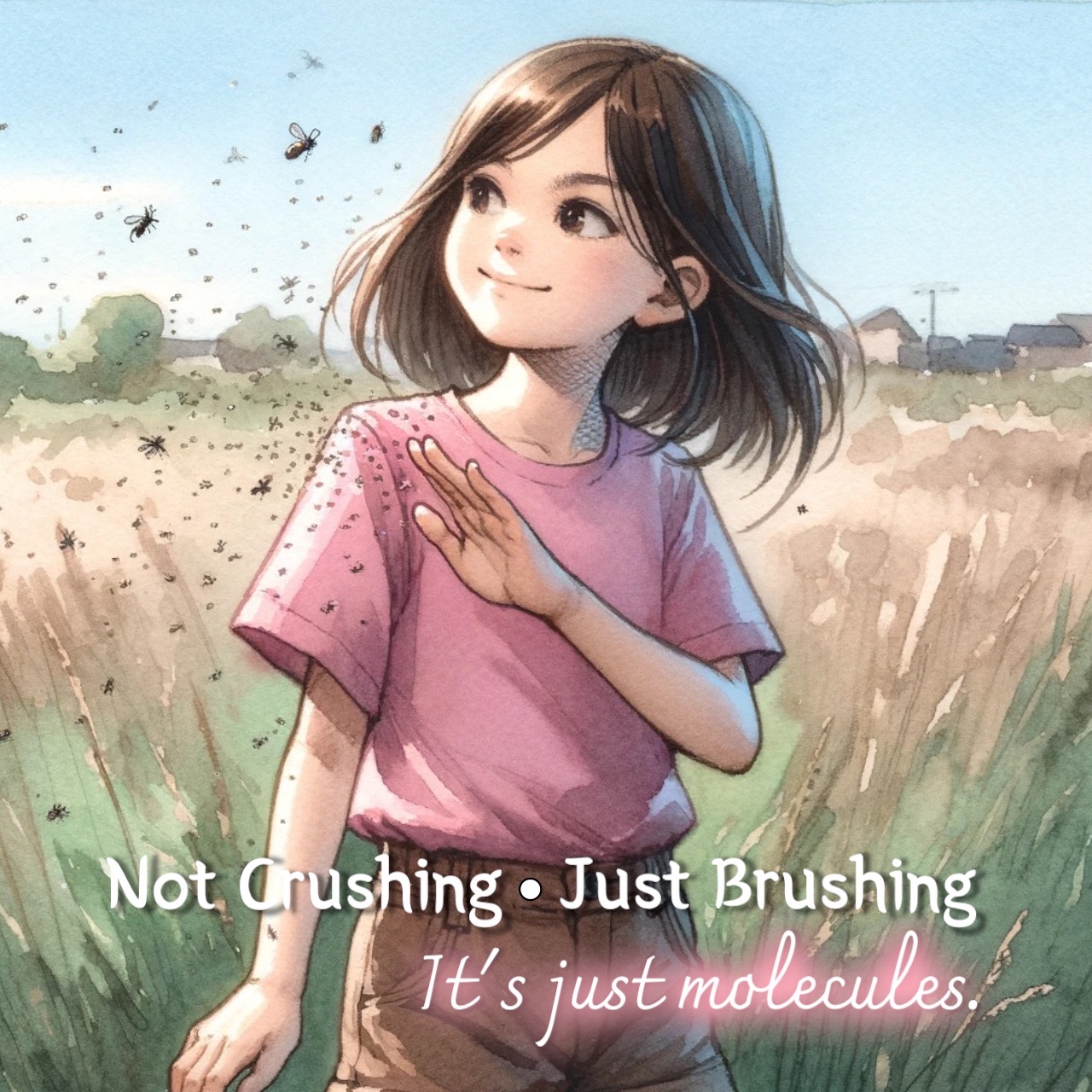 little girl brushing gnats off her shoulder