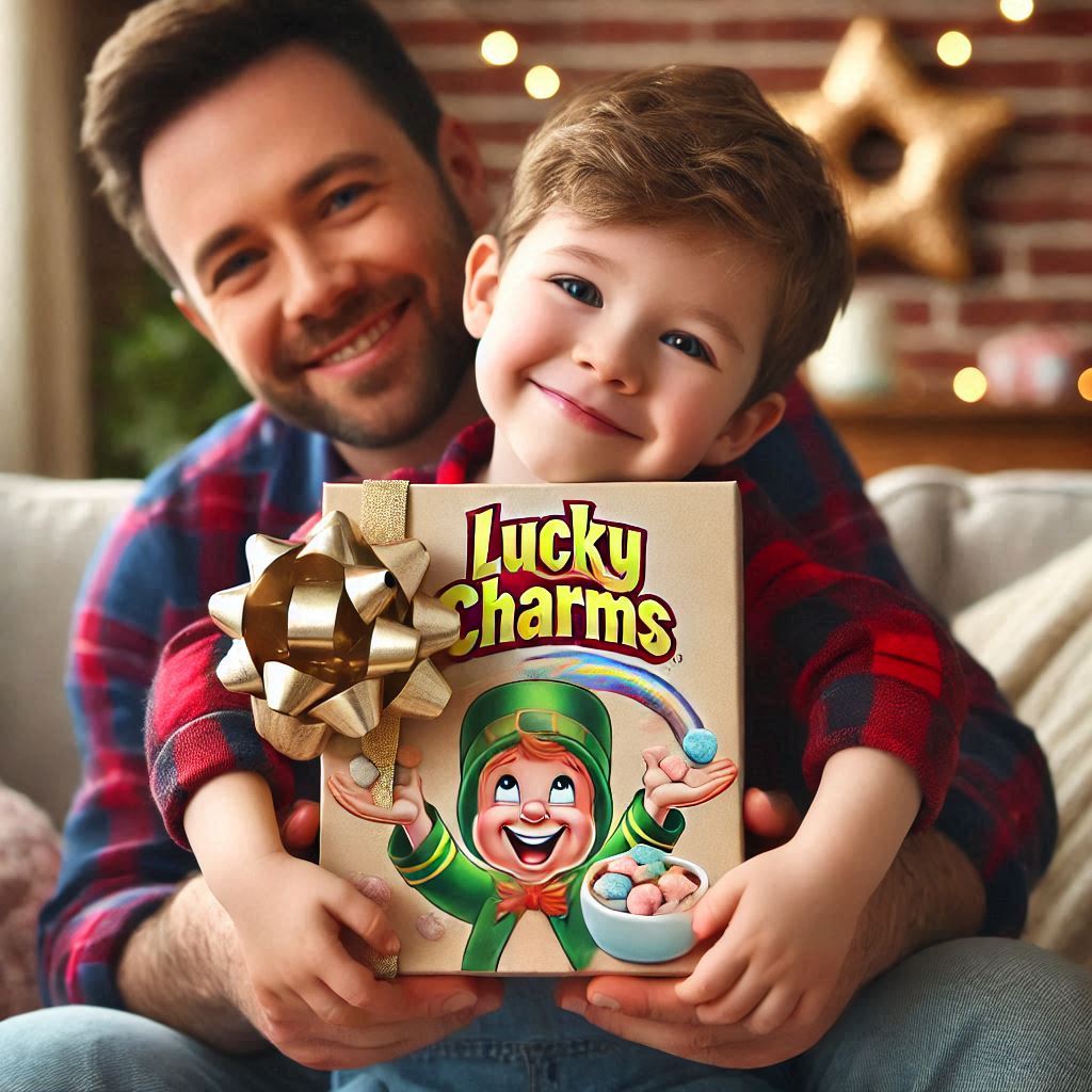 boy giving father box of cereal 