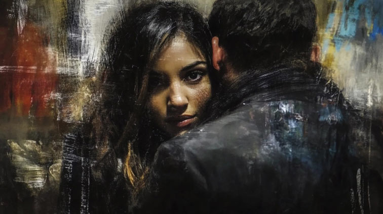 a woman with seductive eyes hugging a man