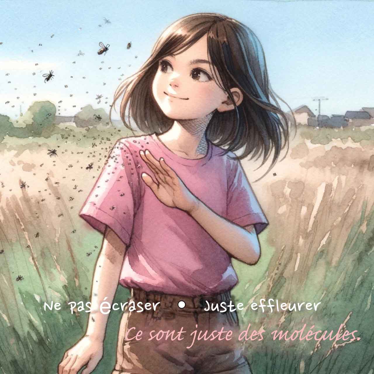 little girl brushing gnats off her shoulder