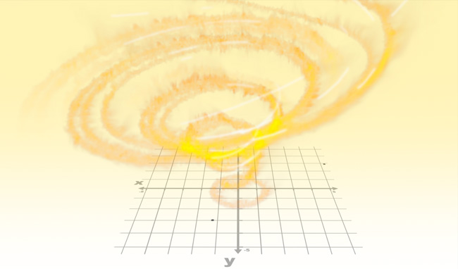 xy graph seen underneath a 3D fire spiral going higher and higher 